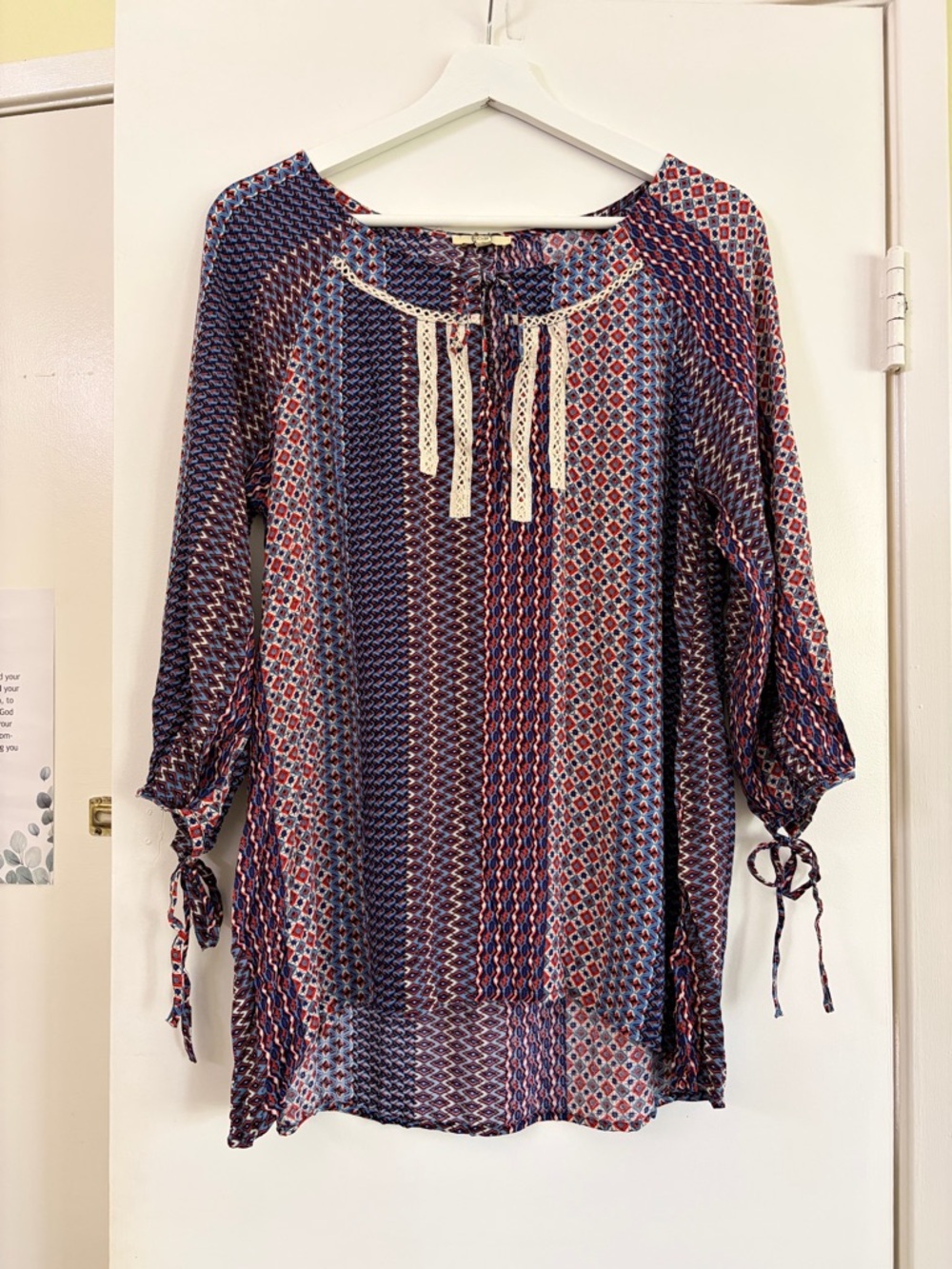 NWT KORI America Boho Peasant Tunic Top Blue Red Crochet Trim Size S